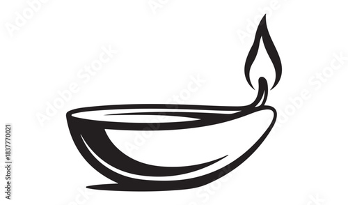 Simple black and white line drawing of a lit oil lamp