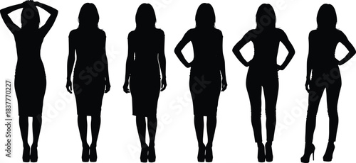 silhouette women standing, female figures posing, elegant woman outlines, fashion model shapes, confident posture illustration, isolated female silhouettes, modern woman poses
