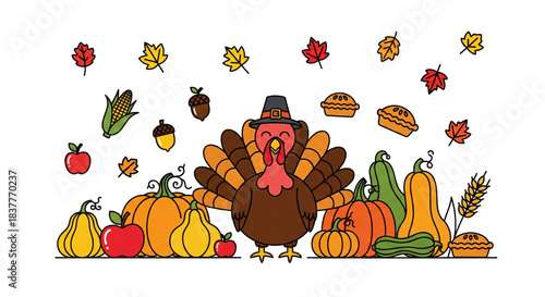 Happy Thanksgiving Harvest Celebration with Turkey, Pumpkins, and Autumn Leaves