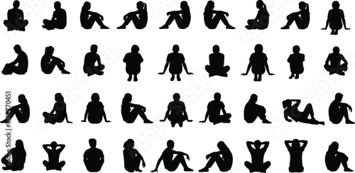 sitting person silhouette set, various seated poses collection, human figure outlines, relaxed posture illustration, diverse sitting characters vector design
