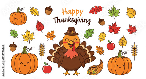 Happy Thanksgiving cartoon turkey pumpkins acorns autumn leaves and cornucopia