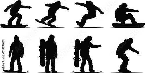 Snowboarding silhouettes, winter sport poses, snowboard action, freestyle tricks, standing snowboarders