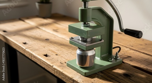 Green manual press machine compacting a recyclable aluminum can on a rustic wooden workbench for an eco-friendly recycling concept