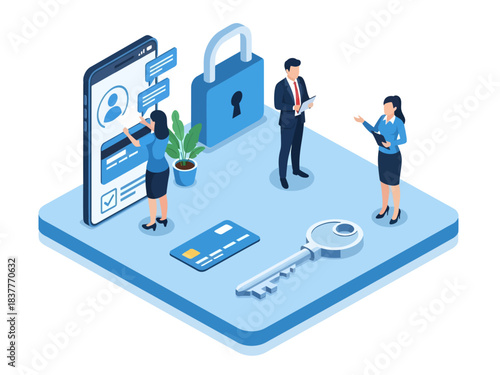 An isometric illustration depicts three professionals managing digital security through a large smartphone interface, accompanied by a padlock and key to symbolize data protection and safe access