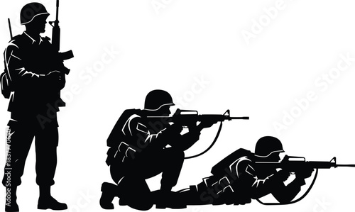 Soldier silhouette vector, combat position illustration, tactical rifle stance, military gear design, black graphic art, warfare clipart set