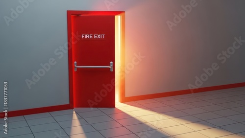 Bright light shines through a red fire exit door in a tiled hallway