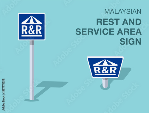 Traffic regulation rules. Isolated Malaysian "rest and service area" road sign. Front and top view. Flat vector illustration template.