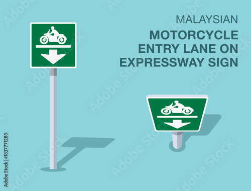 Traffic regulation rules. Isolated Malaysian "motorcycle entry lane on expressway" road sign. Front and top view. Flat vector illustration template.