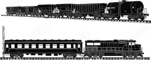 Train silhouettes on tracks, freight cars and locomotive illustration, transport industry graphic, cargo wagons, passenger coach, railway vehicle outline design