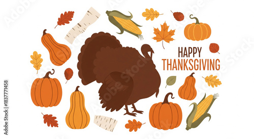 Festive autumn harvest design featuring a happy Thanksgiving turkey, vibrant pumpkins, corn, and colorful fall leaves, perfect for holiday greetings and seasonal celebrations