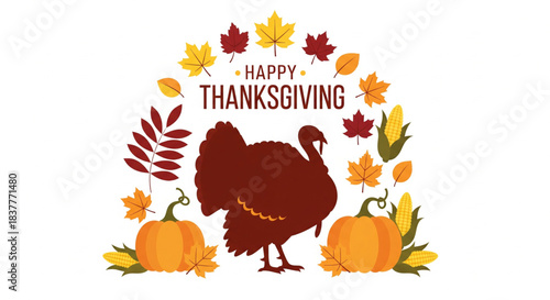 Happy Thanksgiving Greeting with Turkey, Pumpkins, and Autumn Leaves