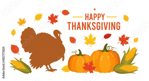 Happy Thanksgiving autumn harvest celebration with turkey, pumpkins, corn, and fall leaves design
