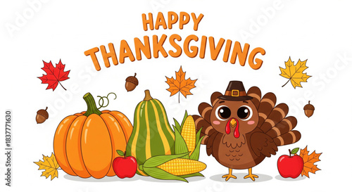 Cheerful autumn harvest celebration with a cute cartoon turkey, pumpkins, gourds, and vibrant fall leaves, perfect for seasonal greetings and festive designs