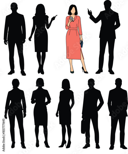 Unique woman in crowd, standout character, silhouette contrast, individuality concept, fashion pose, coral dress, clutch bag, identity focus, spotlight