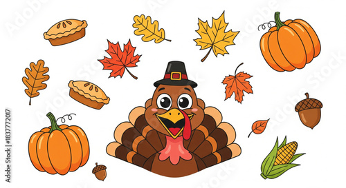 Happy Thanksgiving banner with autumn harvest elements like pumpkins, gourds, corn, turkey, and fall leaves on a white background.