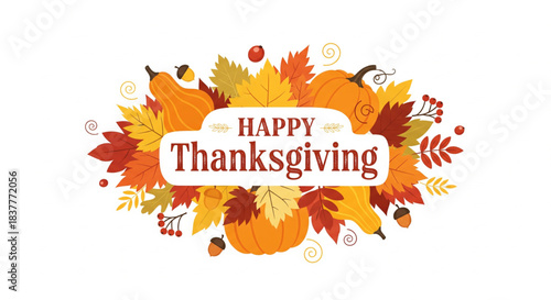 A festive Thanksgiving wreath featuring colorful pumpkins, sunflowers, and autumn leaves, with "Happy Thanksgiving" text in the center.