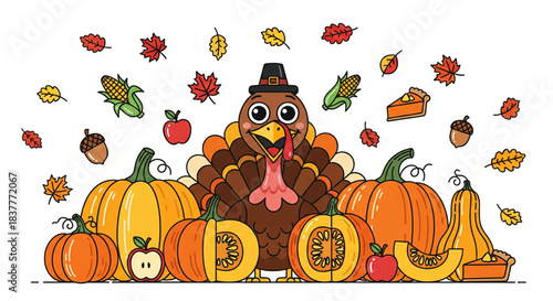 Festive Thanksgiving scene with a happy cartoon turkey, autumn harvest, and delicious pumpkin pie, perfect for seasonal holiday designs