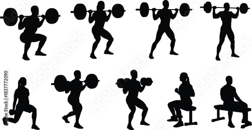 Weightlifting silhouette poses, strength training vector, gym exercise illustration, barbell and dumbbell workout, fitness form guide, black and white