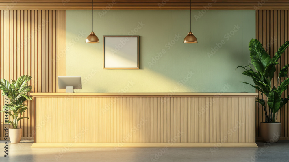 Fototapeta premium Real estate office reception counter mockup front interior registration copy space desk design indoor decoration front view decoration three-dimensional