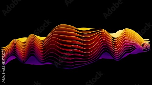 Abstract 3D Layered Wave Animation with Yellow to Purple Gradient on Black Background