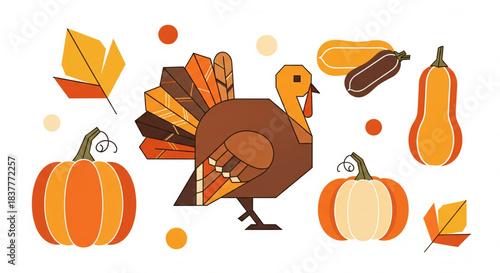 A festive Thanksgiving banner featuring pumpkins, sunflowers, and colorful autumn leaves, celebrating the holiday season.