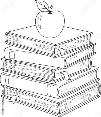 Stack of books with an apple on top coloring page for kids and adults illustration vector doodle art design