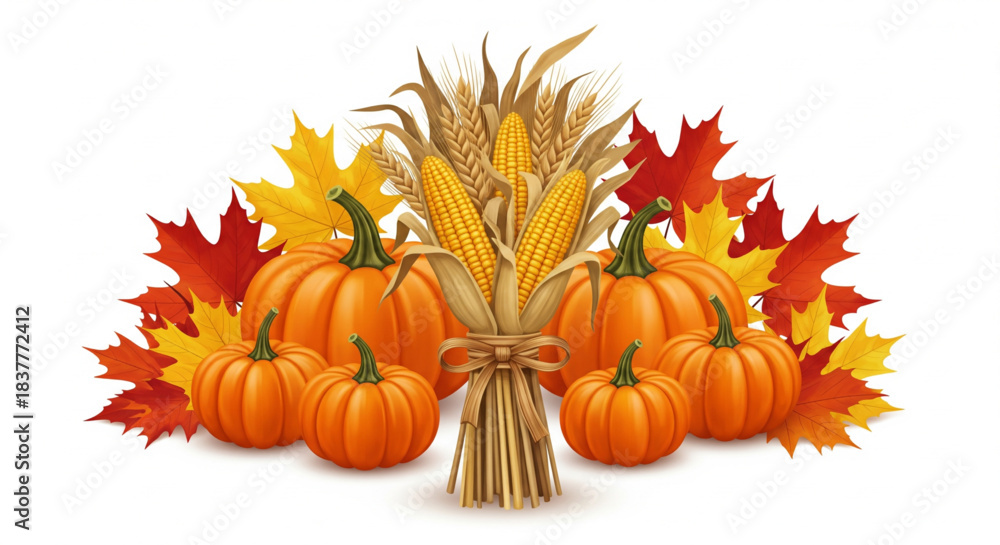 Naklejka premium Autumn harvest display with pumpkins, corn, wheat, and colorful maple leaves on a white background.