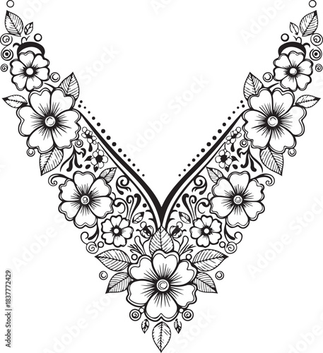 Outline drawing for neck line flower pattern for embroidery and other design elements on transparent background