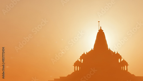 Swaminarayan spiritual, soft saffron gradient, mandir shikhar silhouette with gentle divine light