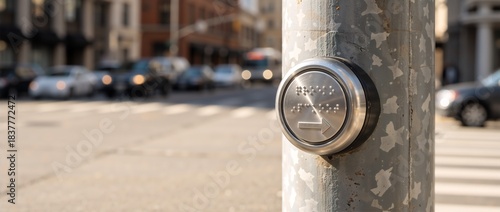 Close-up of a silver crosswalk button on a weathered urban pole. Pedestrian traffic signal with Braille and arrow direction. City street background with copy space