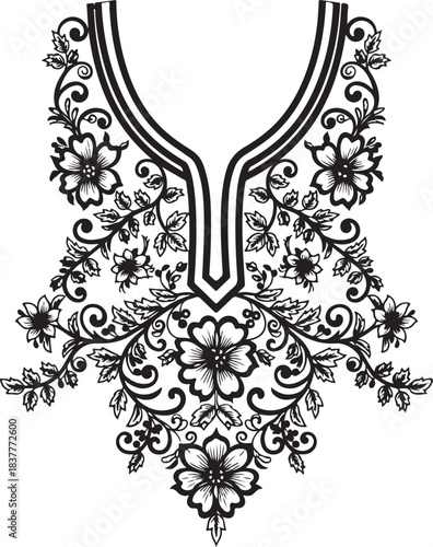Elegant v-neck embroidery design with intricate floral and scroll patterns for fashion apparel decoration