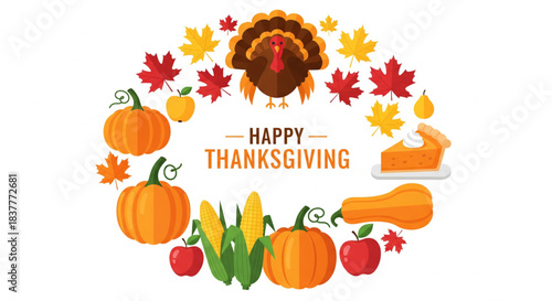 Happy Thanksgiving text surrounded by a festive circular arrangement of autumn harvest elements like pumpkins, turkey, corn, and pie.
