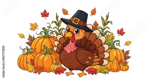 A cute cartoon turkey wearing a pilgrim hat surrounded by pumpkins, corn, and autumn leaves, celebrating Thanksgiving harvest.