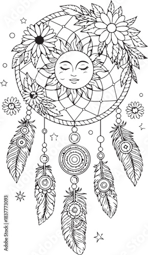 Black line art dream catcher with sun face feathers and flowers isolated vector illustration on transparent background