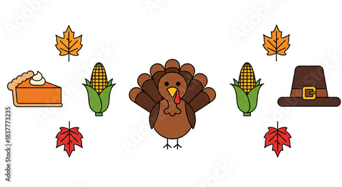 A colorful illustration of Thanksgiving holiday elements including a turkey, pumpkin pie, corn, pilgrim hat, and autumn leaves.