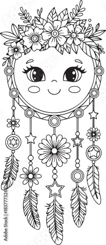 Cute dream catcher with cartoon face and flowers coloring page for kids illustration of a protective amulet