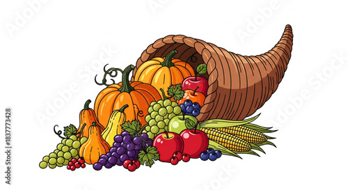 A bountiful cornucopia overflowing with a vibrant assortment of autumn fruits and vegetables, perfect for harvest celebrations and Thanksgiving