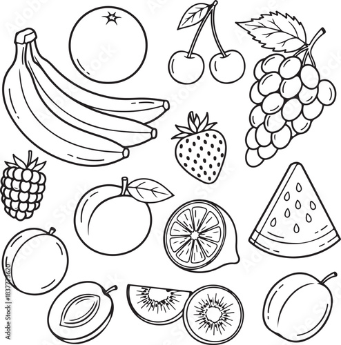 Set of various outline fruits including banana orange strawberry cherry grape raspberry kiwi apricot lemon watermelon plum