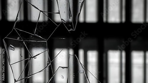 universalism. A broken glass pane with the blurred shadow of prison bars behind it. wellbeing guides, coaching materials, designed for mental health education and mindfulness programs.