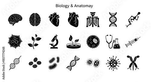 Biology Anatomical Icons Set Featuring Medical Science Symbols and Microscopic Cell Structures