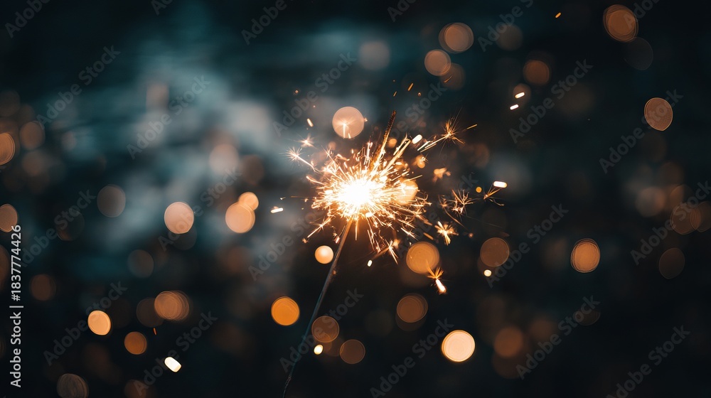 Naklejka premium Burning sparkler in the dark with golden bokeh lights festive celebration background with cinematic moody lighting for holiday party decor and warm glowing atmosphere