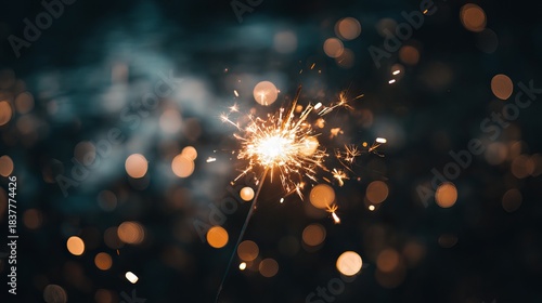 Burning sparkler in the dark with golden bokeh lights festive celebration background with cinematic moody lighting for holiday party decor and warm glowing atmosphere