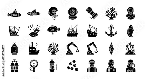 Black Marine Icons Set Featuring Diving, Submarine, Ship, Fish, Coral, and Underwater Equipment