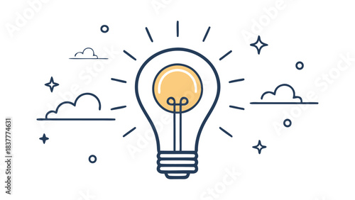 Minimalist Outline Vector Icon of a Lit Light Bulb Representing Idea and Innovation