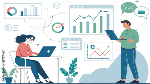 Flat Vector Illustration of Business Analysis, Customer Support, and Workflow Management
