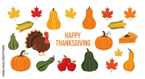 Happy Thanksgiving Decorative Wreath featuring Pumpkins, Wheat Stalks, and Berries on a White Background