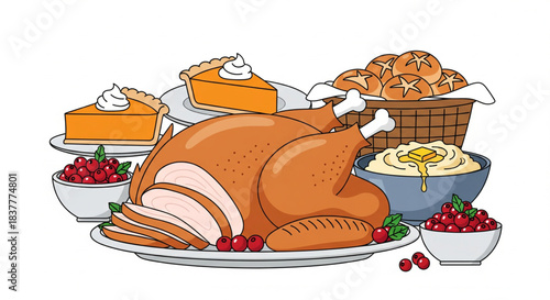 Thanksgiving holiday dinner illustration with a roasted turkey, pumpkin pies, mashed potatoes, cranberry sauce, and bread. Ideal for festive family gatherings
