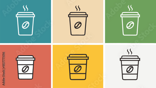 Collection of Six Minimalist Outline Icons for Hot Coffee in Disposable Cups