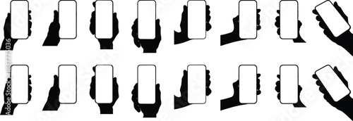 Smartphone Holding Hand Silhouette Set – Mobile Device Grip Positions, Human Hand Poses for UI/UX, Mockup Display Templates, Vector Illustrations