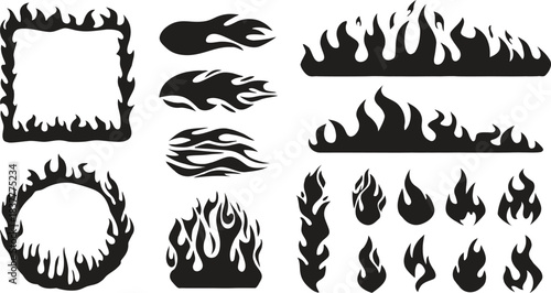 Bold flame borders and fire icons in a clean black silhouette style. Dynamic burning shapes designed for frames, dividers, and creative graphics. Perfect vector elements for heat, energy, and hazard 